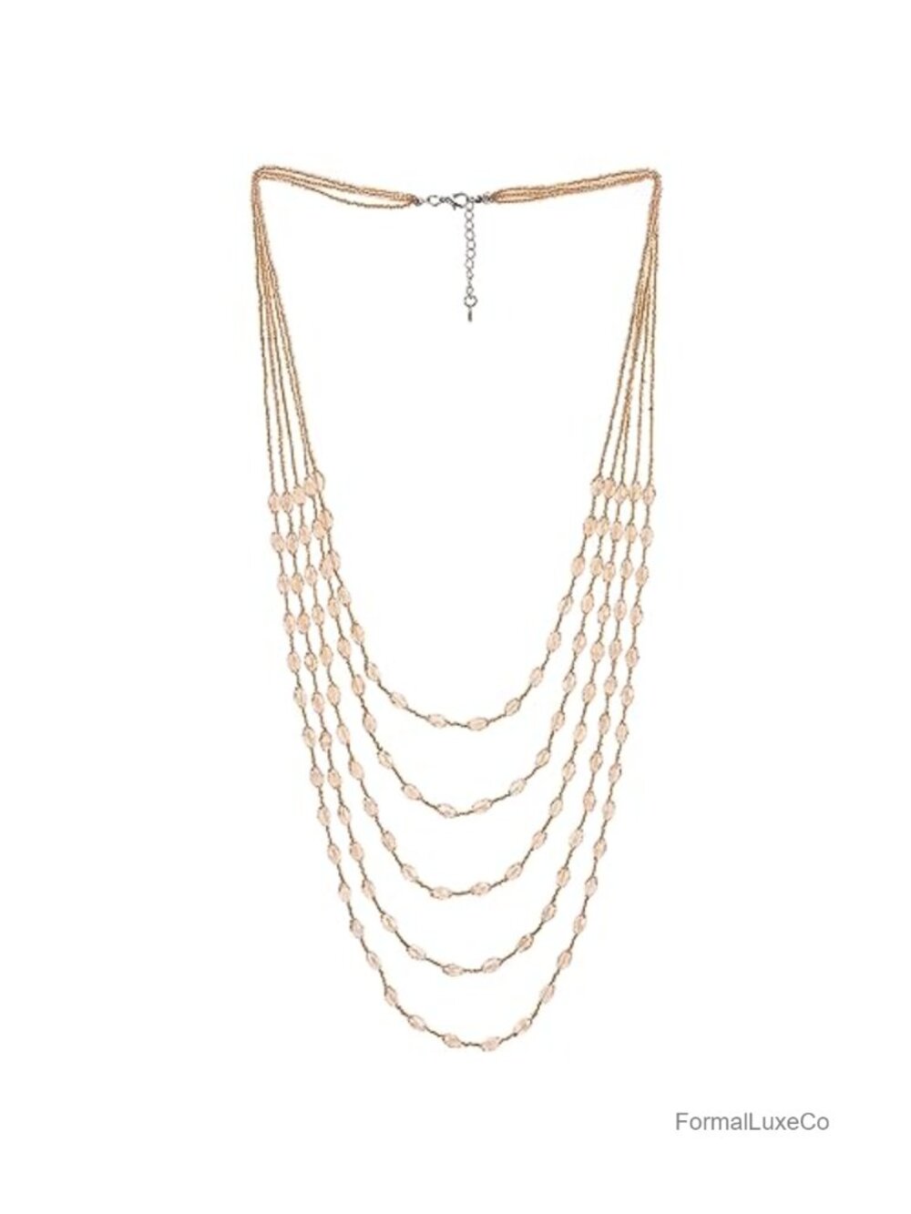 Five Strand Champagne Crystal Statement Necklace Multi Layer Long Chain Bib